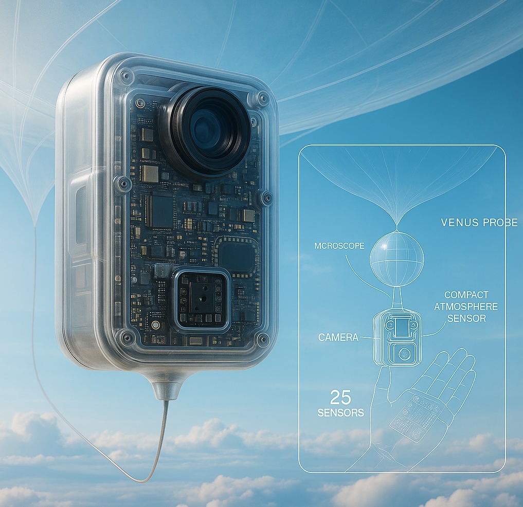 Transparent Venus probe with camera and sensors hanging in the clouds