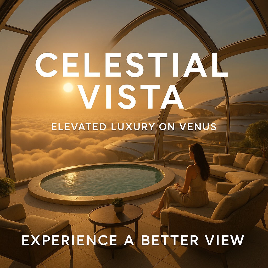 Luxurious Venus habitat interior with pool overlooking clouds at sunset