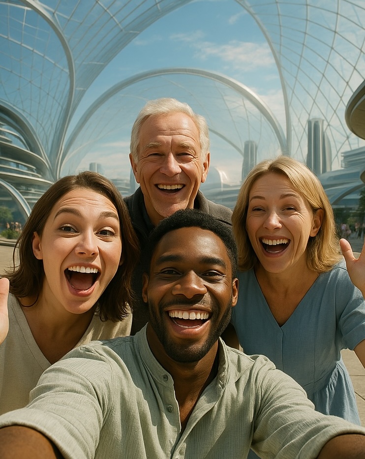 Group of people taking a selfie in a futuristic Venus city dome