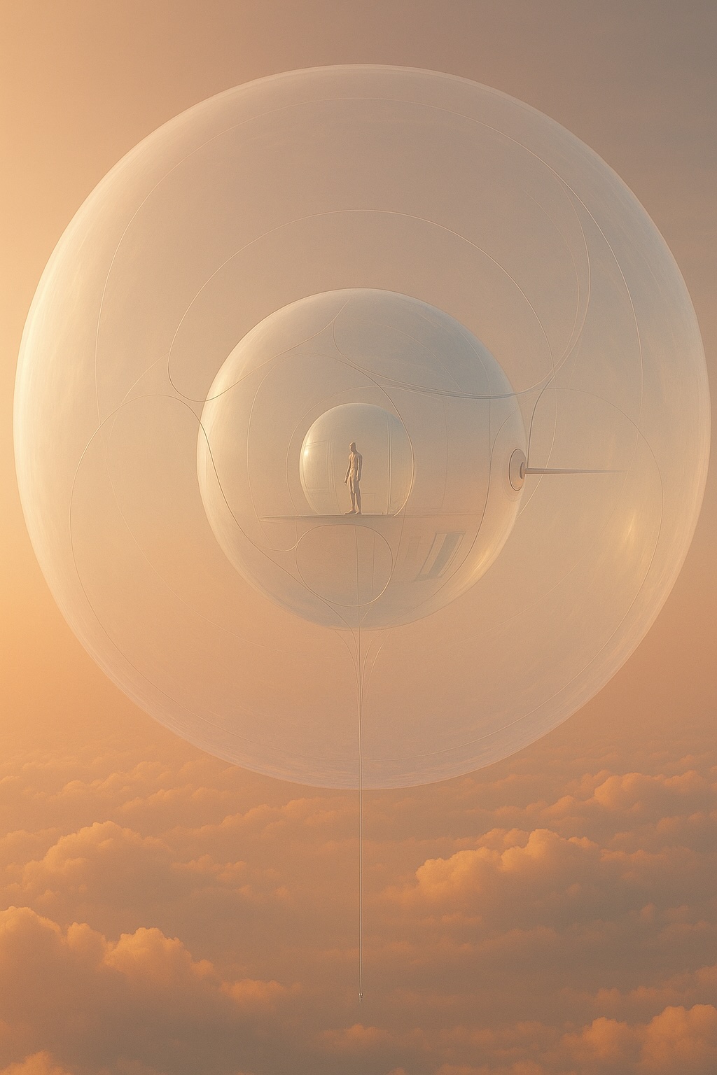 Person in a spherical habitat bubble floating above Venus clouds