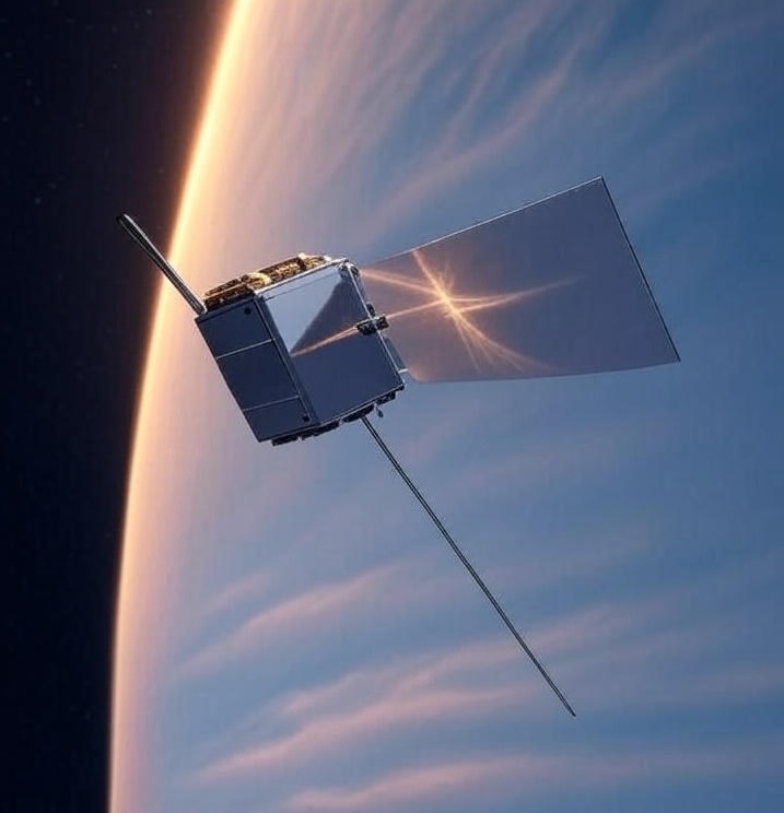 Artist's concept of CubeSat relaying data from Venus probe.